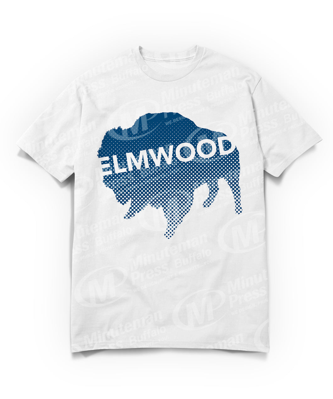 Navy blue Buffalo with white Elmwood text on white t-shirt