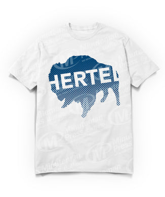 Navy blue Buffalo with white Hertel text on white t-shirt
