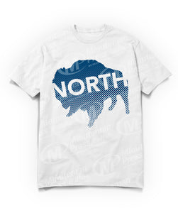north text on navy blue buffalo on white t-shirt