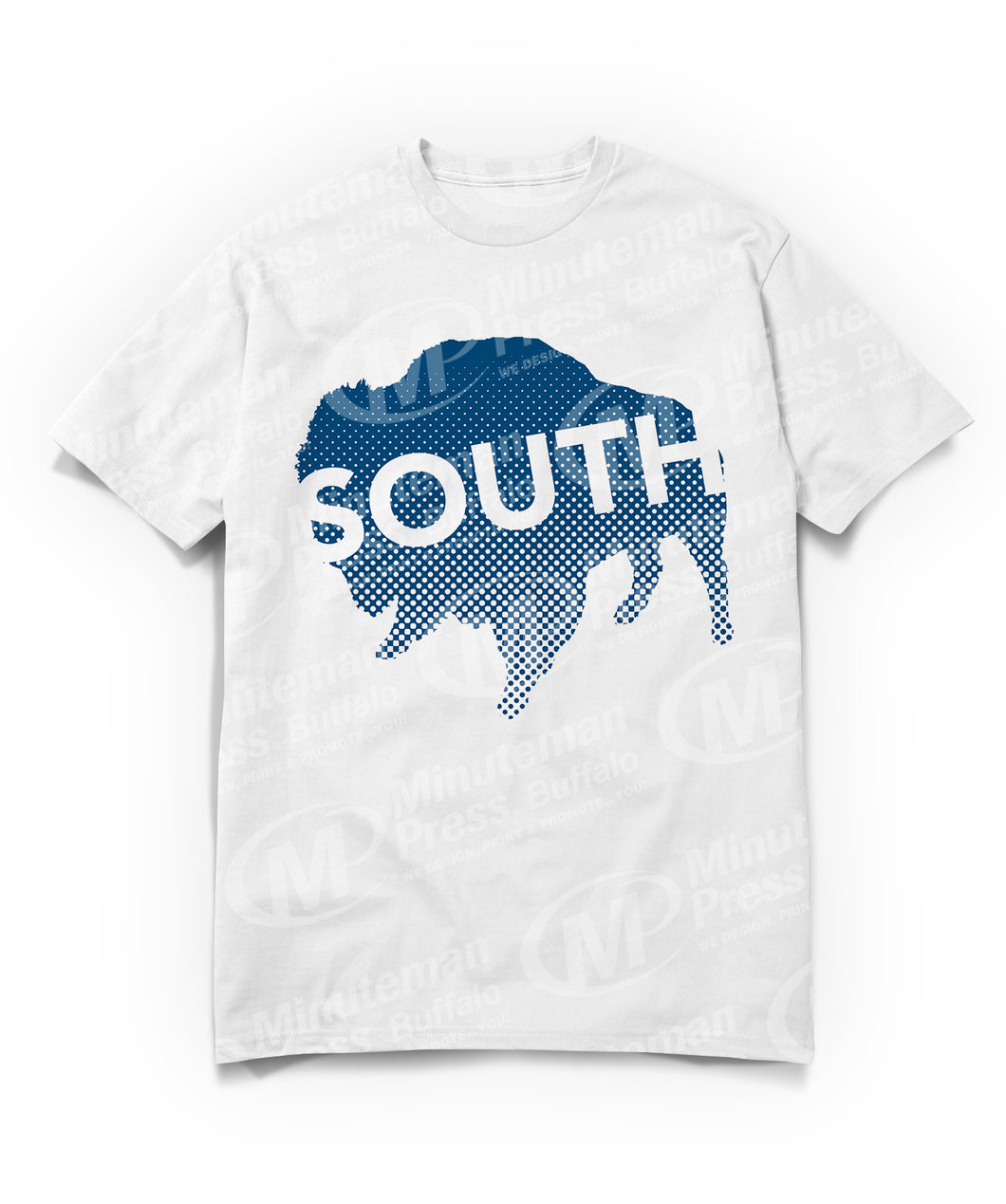 south text on navy blue buffalo on white t-shirt