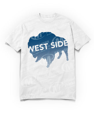 west side text on navy blue buffalo on white t-shirt